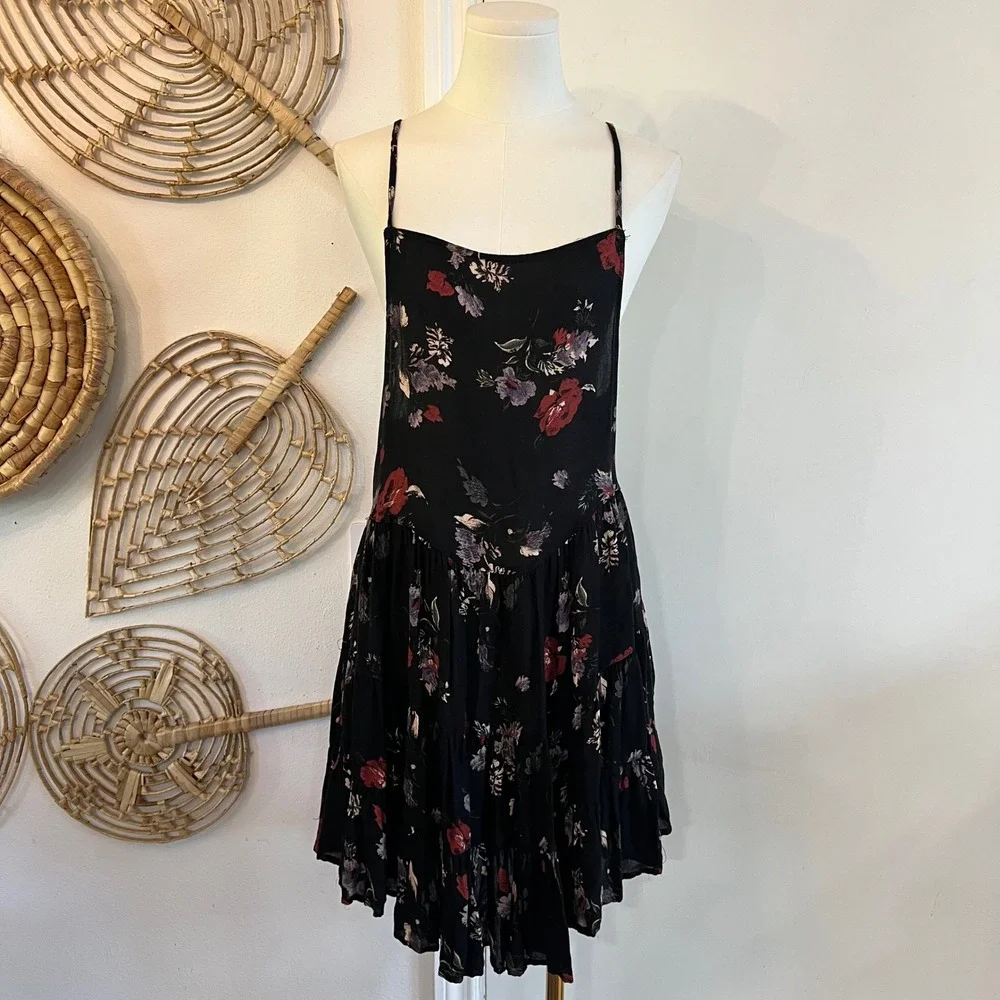 Free People‎ Black Rayon Circle of Flowers Tiered Ruffle Mini Dress Fairycore S